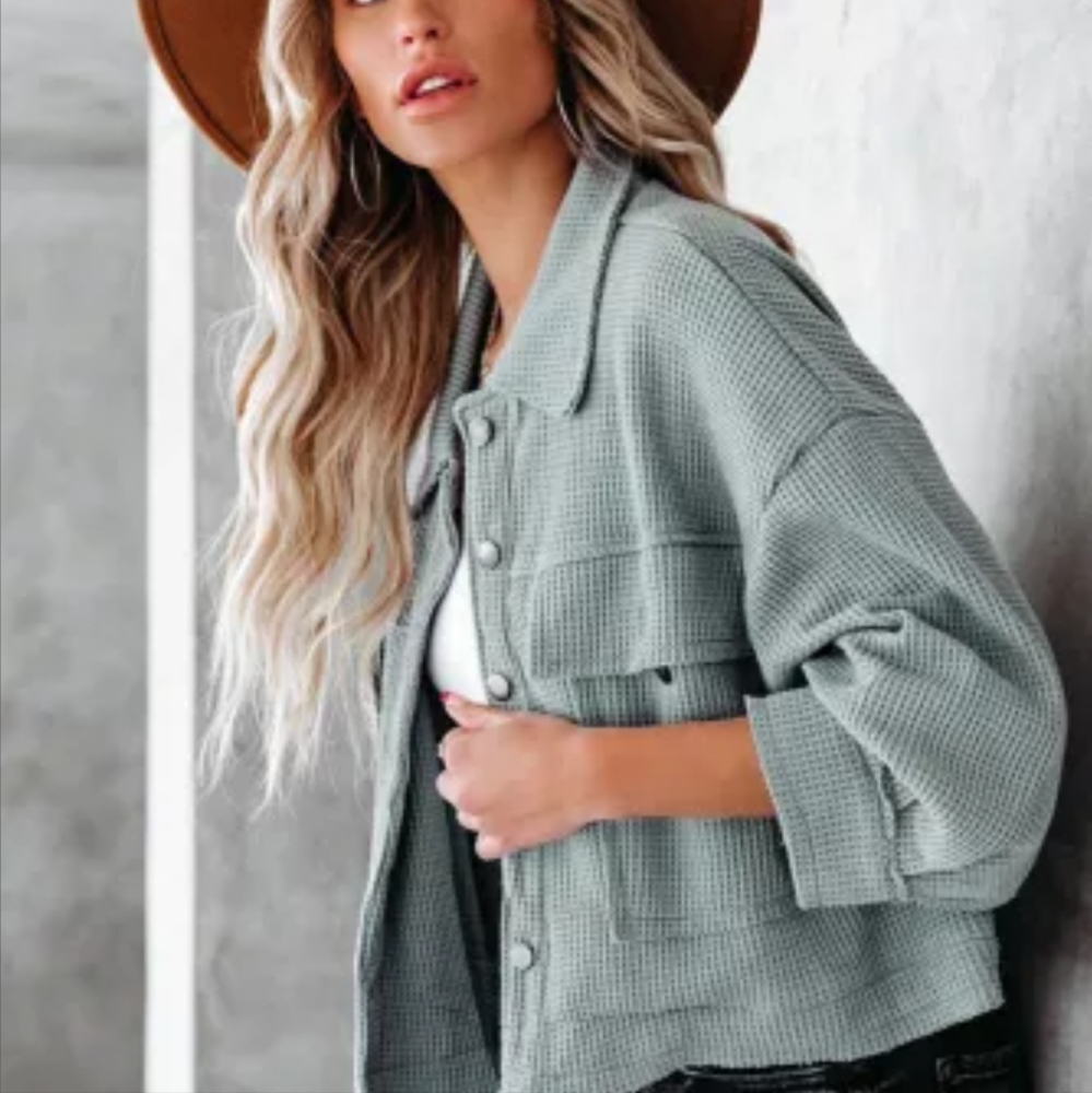 M & 2x left💕New sky blue waffle knit crop jacket - Picture 2 of 15